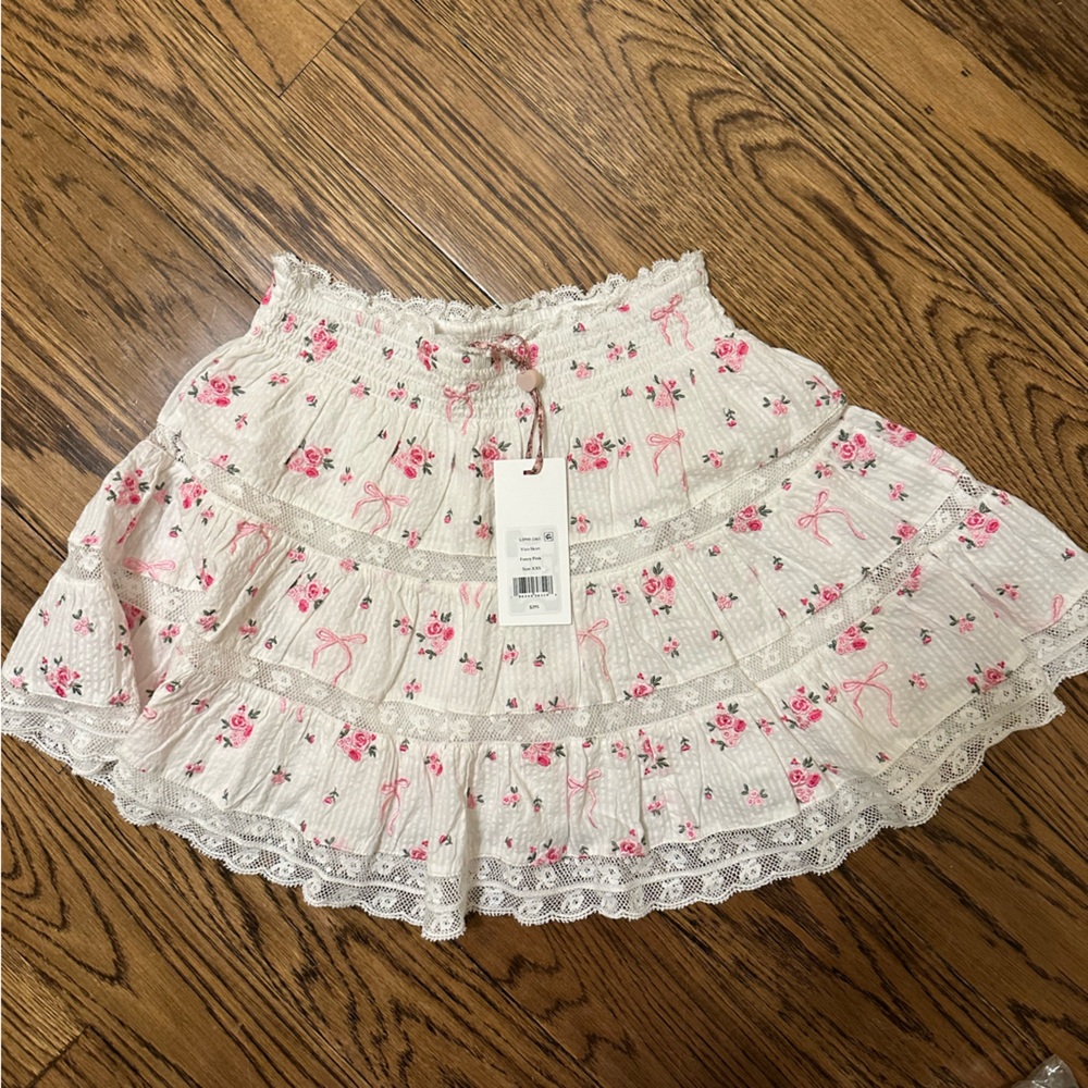 LoveShackFancy White and Pink Floral Mini Skirt